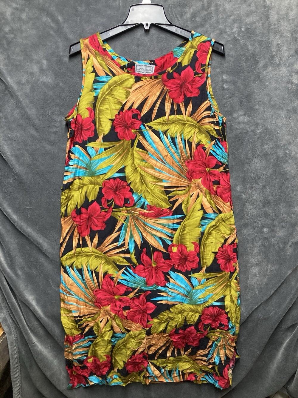 VTG Jane Ashley Dress Colorful Tropical Hawaiian Floral Print Rayon Festival M